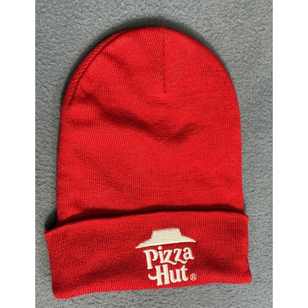 Pizza Hut Red Beanie Hat Stretch Cap w/ White Embroidered Logo Employee Uniform‎